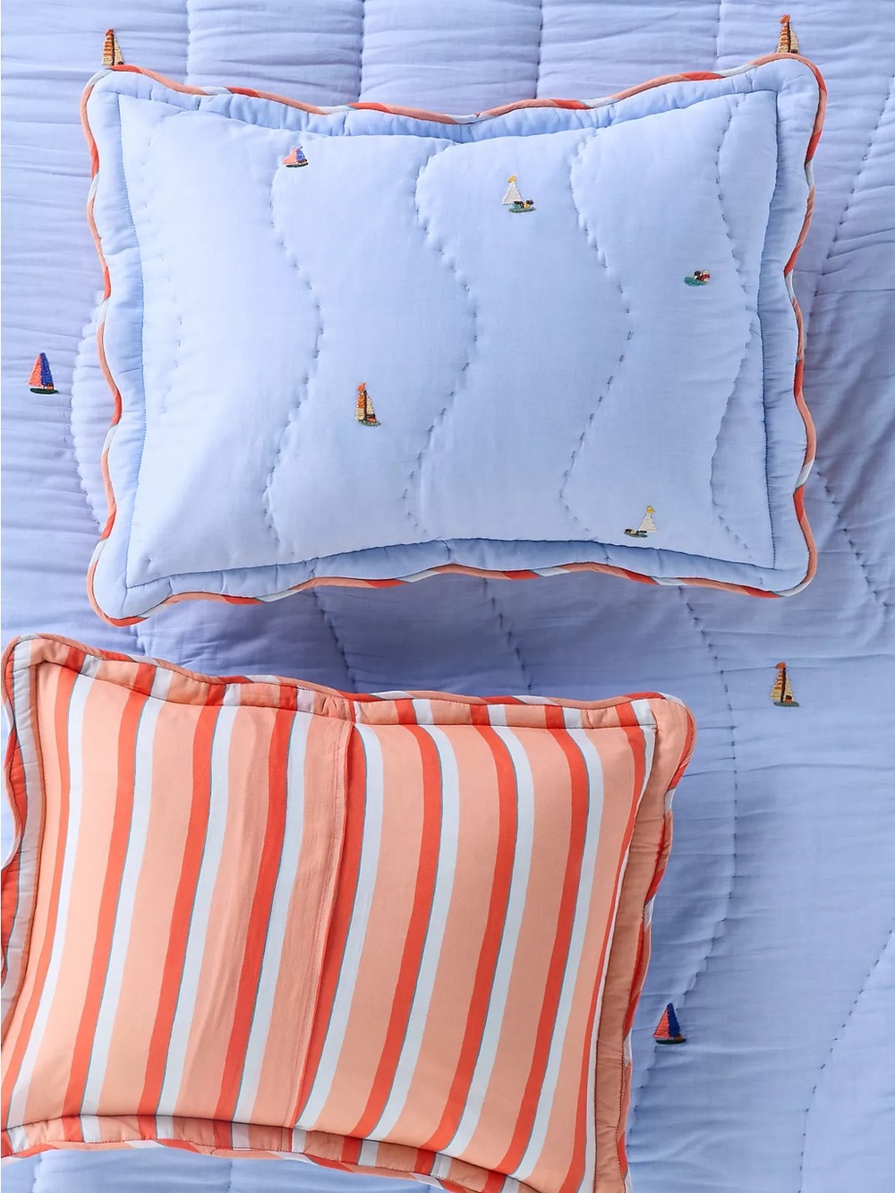 New Anthropologie Annika sailboat embroidered standard pillow cover sham blue
